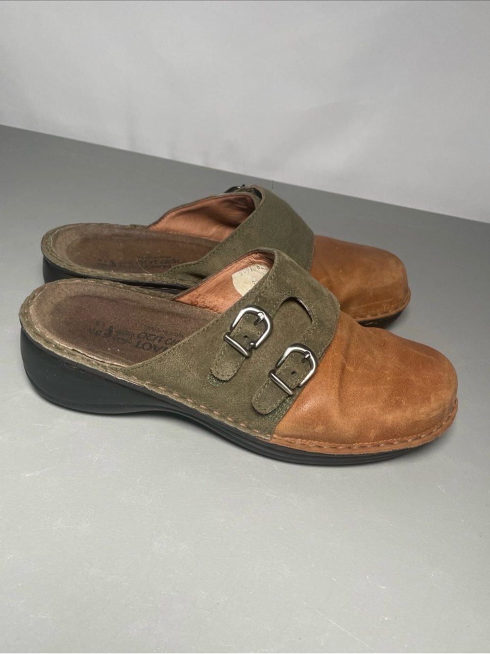 Naot Olive and Brown Slide Clogs with Dual Buckles